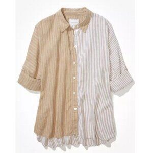 AE Tan Colorblocked Stripe Oversized Linen-Blend Button-Down Shirt, Medium (M)